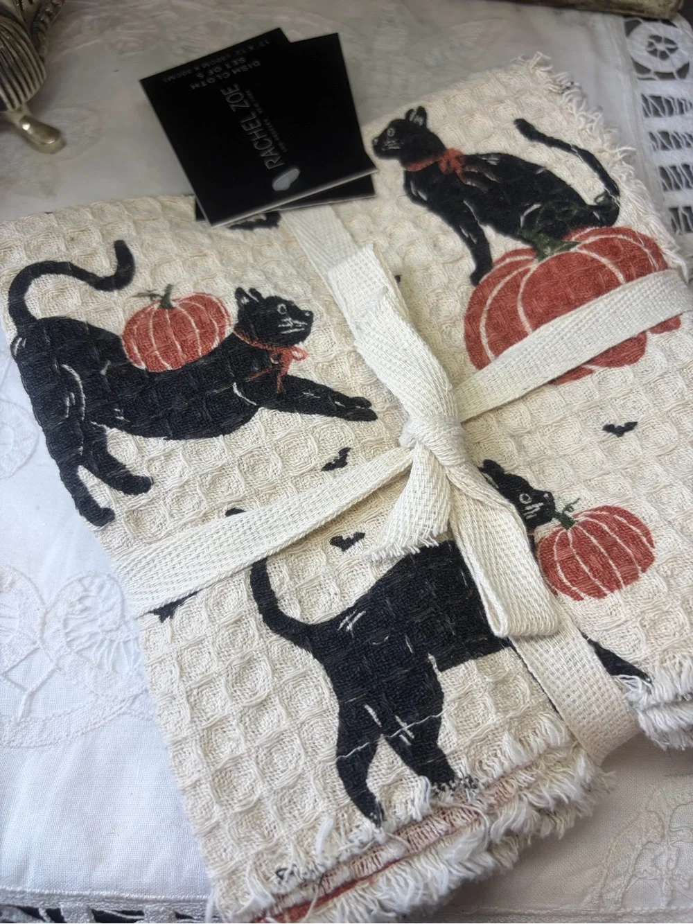 Rachel Zoe Cream Waffle Weave Dish Cloths Black Cat & Orange Pumpkin Print
